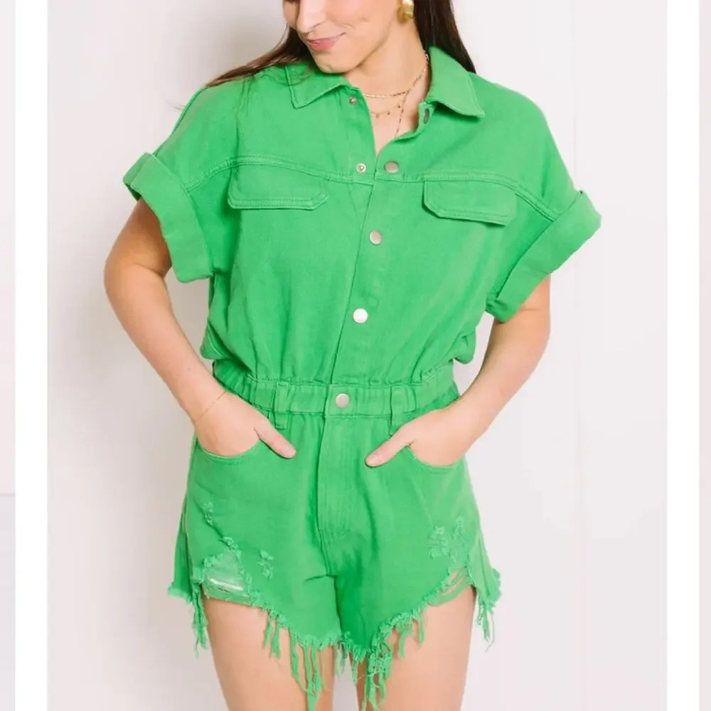 HERRINGSTONES Lida Kate Lucky Me Green Denim Romper Size‎ Medium NWOT